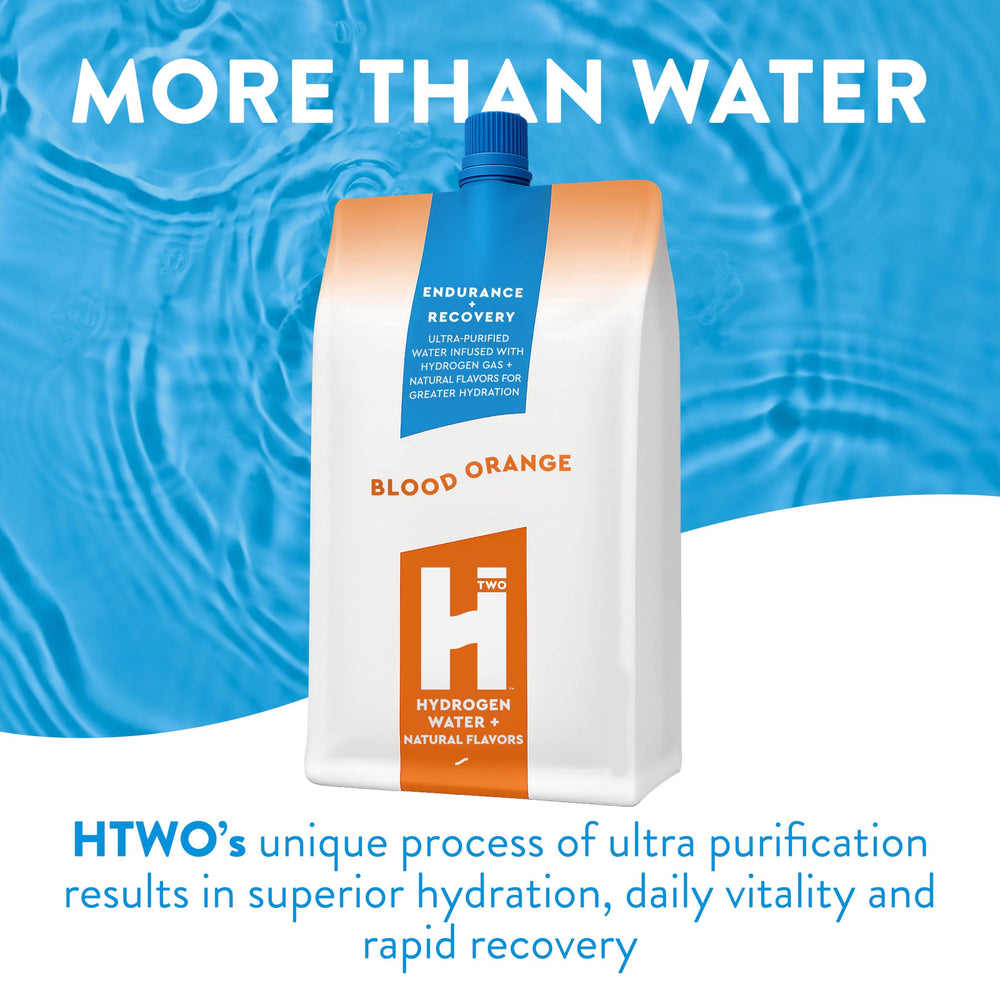 HTWO premium hydrogen water being poured into a glass highlights vibrant citrus flavor