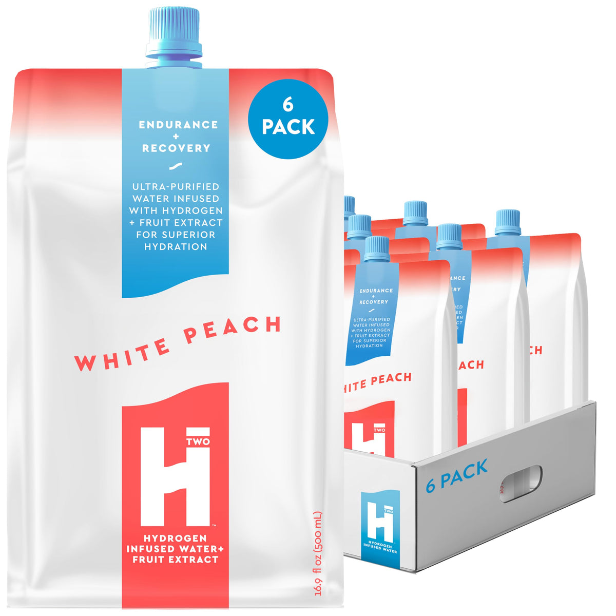 HTWO white peach bottle label highlights refreshing, sugar-free hydration.
