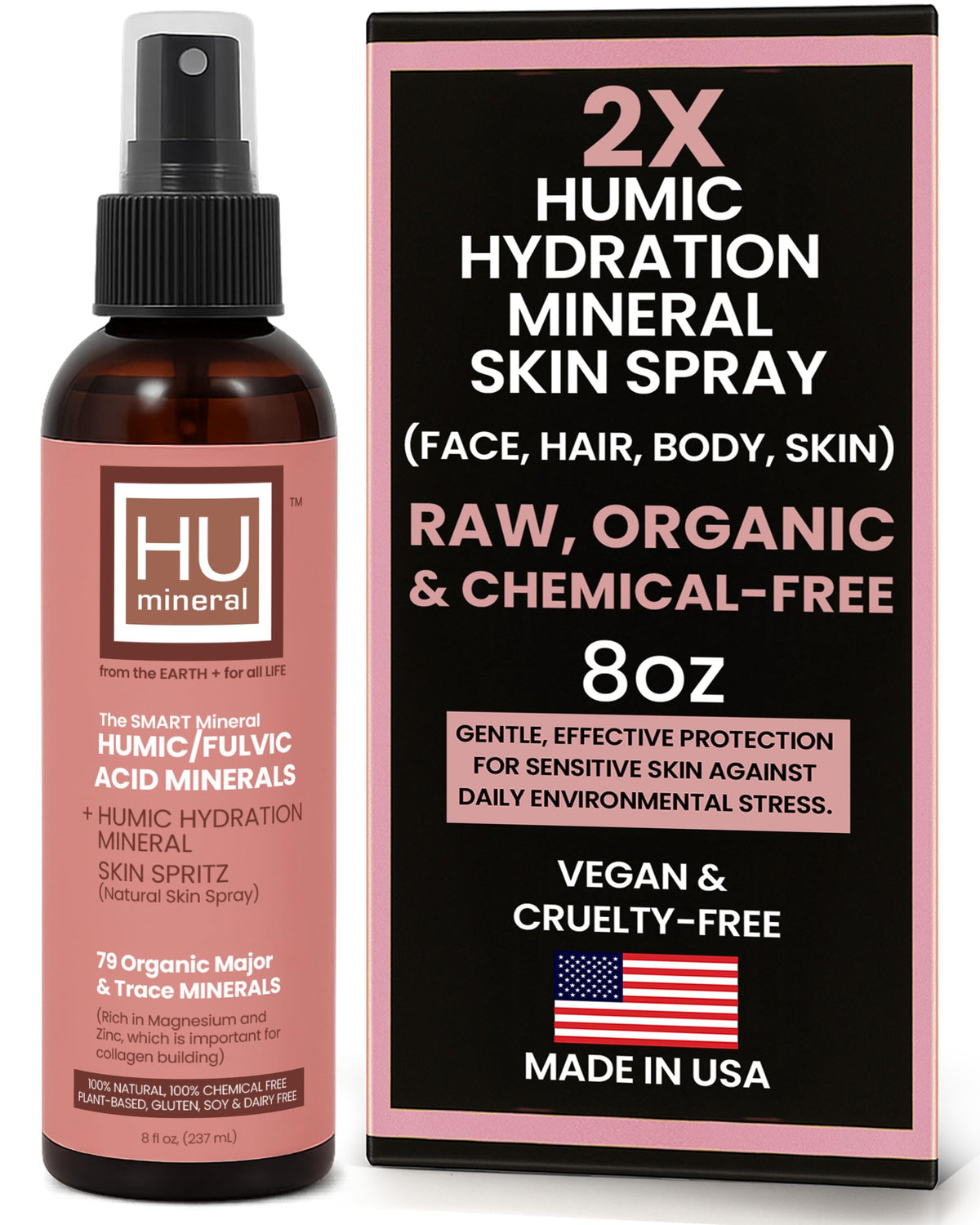 HUmineral 2X Humic Hydration Spray bottle mist delivers fast, non-greasy skin hydration.