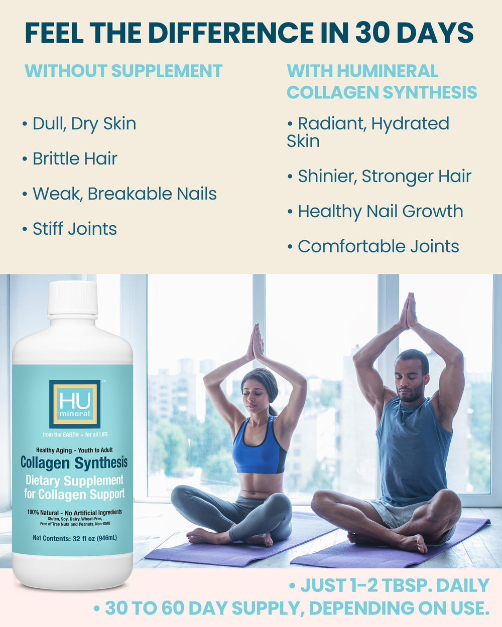 HUmineral Collagen Synthesis glass serving demonstrates daily wellness ritual.