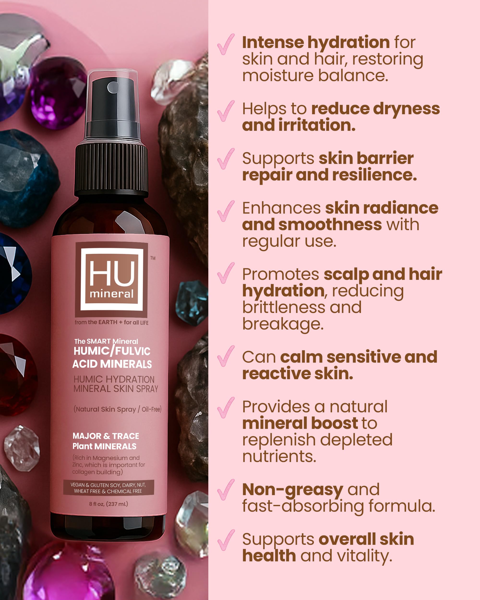 HUmineral Plant-based mineral mist promotes clean hydration for face, hair, and body.