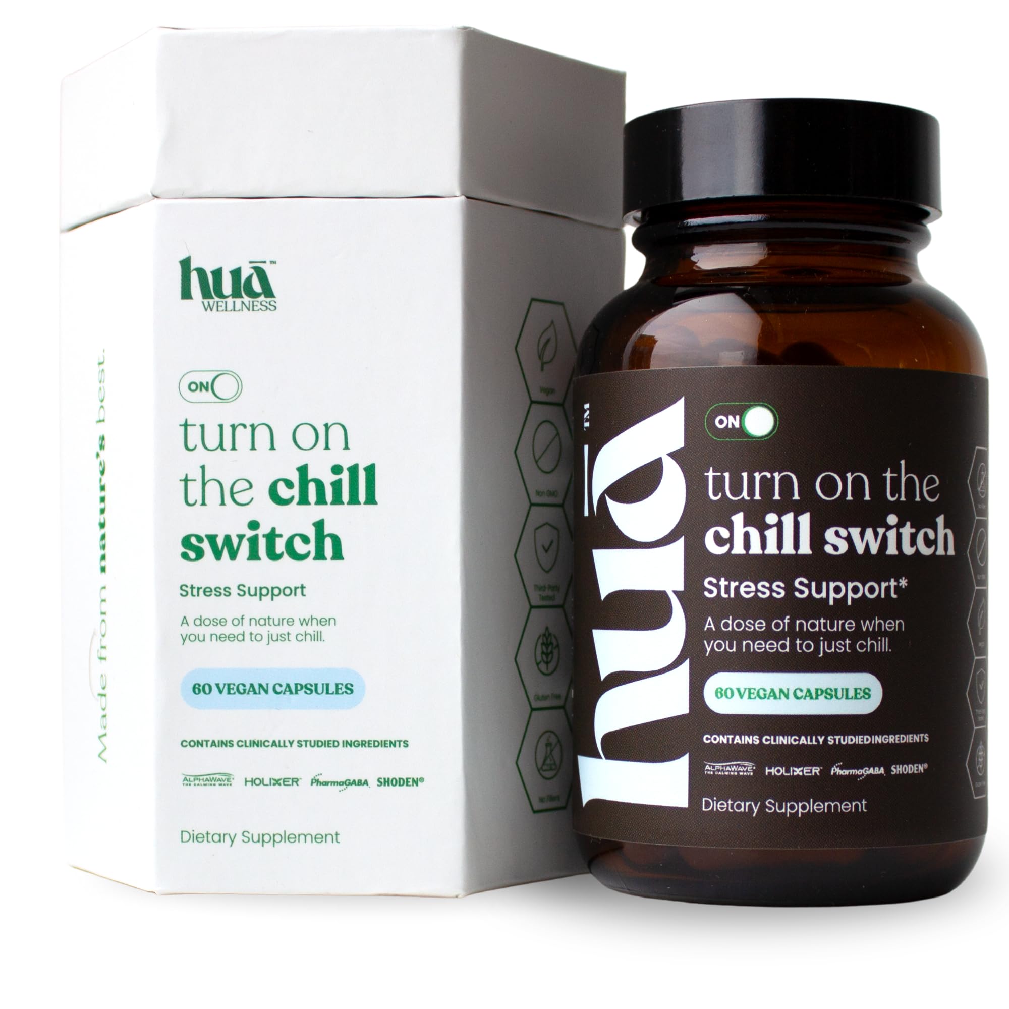 HUA Wellness Stress Support bottle for daily use promoting calm focus.