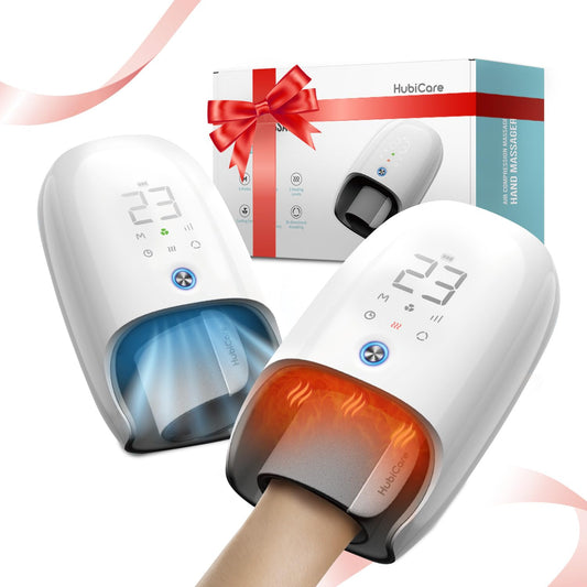 HuBDIC Hubicare hand massager in heat mode for soothing joint comfort and circulation.