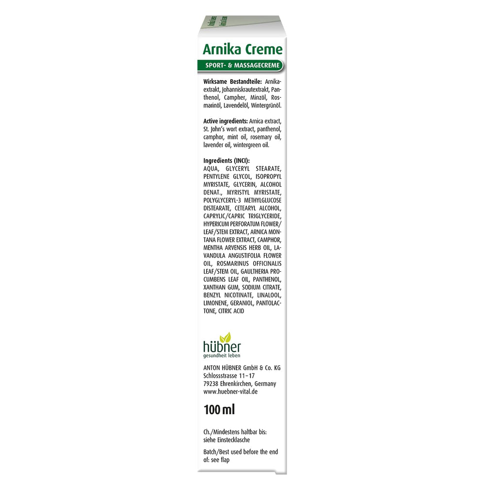 Hübner Arnica Cream packaging shown for travel-friendly use
