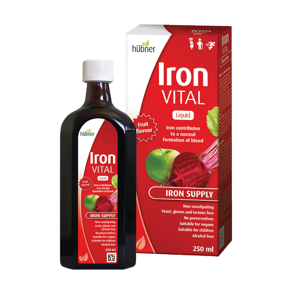 Hübner Iron Vital bottle front showing vegan and gluten-free liquid iron for energy support