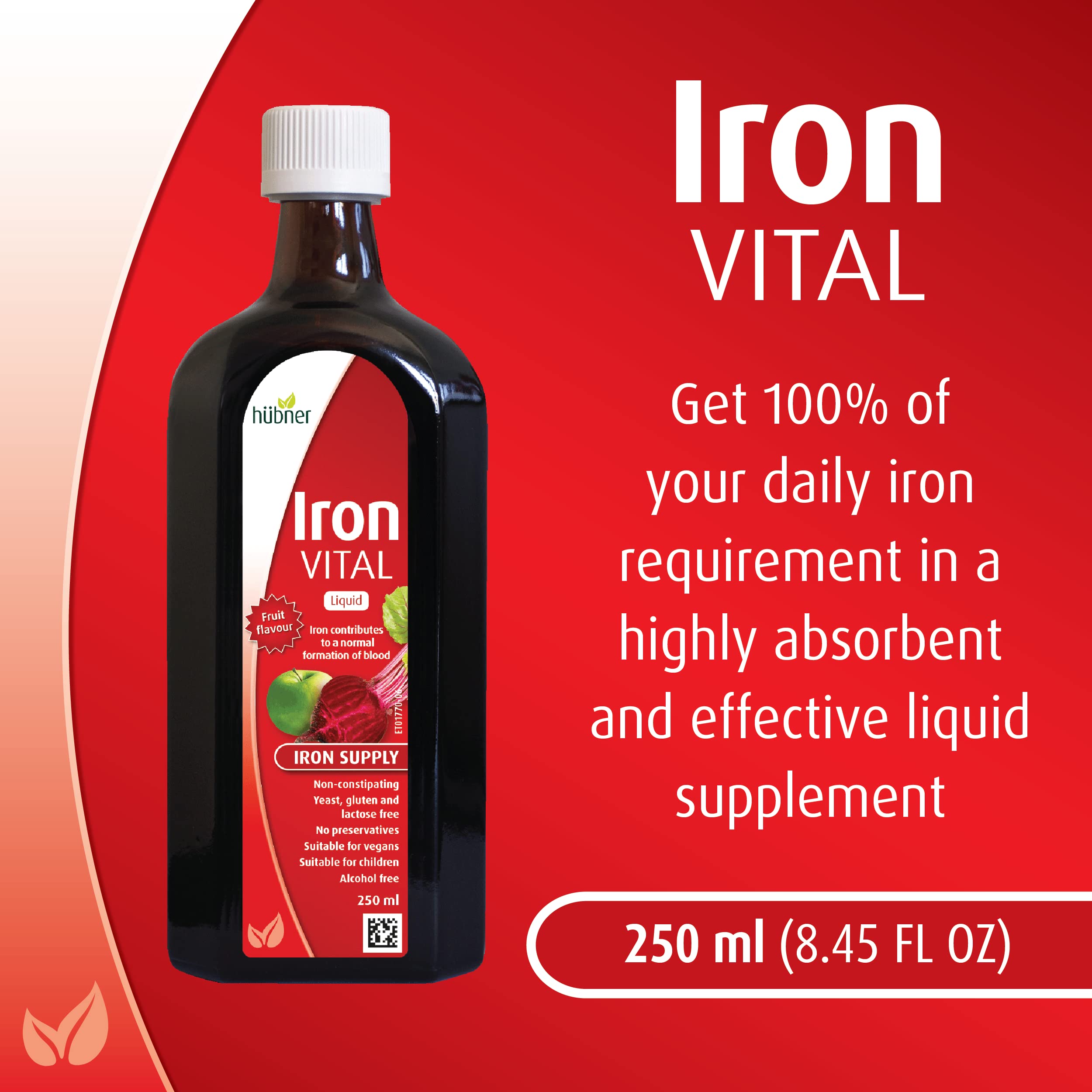 Hübner Iron Vital bottle being poured, fruit-flavored iron for family use