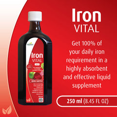 Hübner Iron Vital bottle being poured, fruit-flavored iron for family use