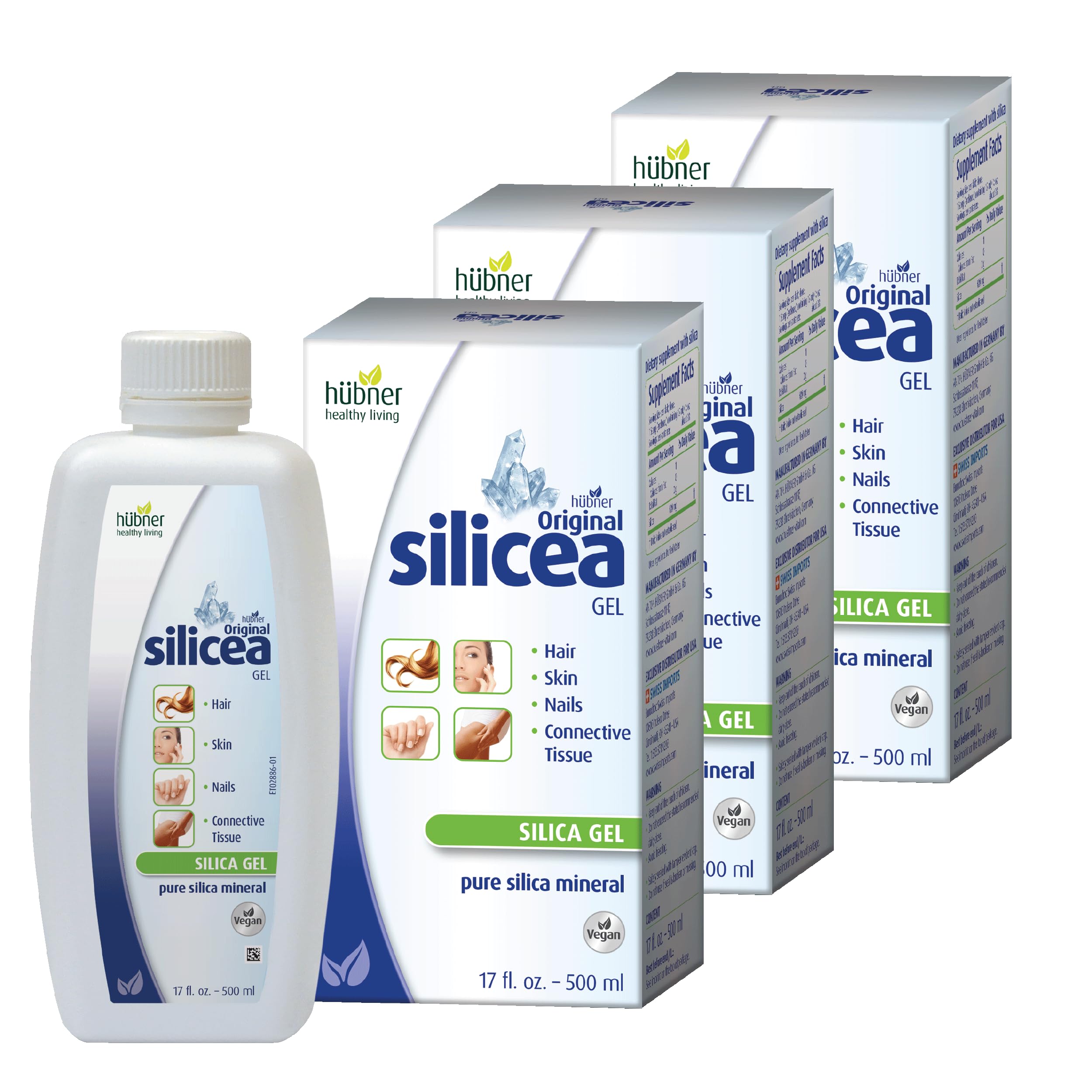 Hubner Silicea Gel bottle pour highlights pure silica for daily hair and skin support.