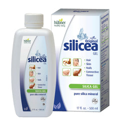 Hubner Silicea Gel bottle showcasing pure silica formula for hair, skin, and nails, with beauty support.
