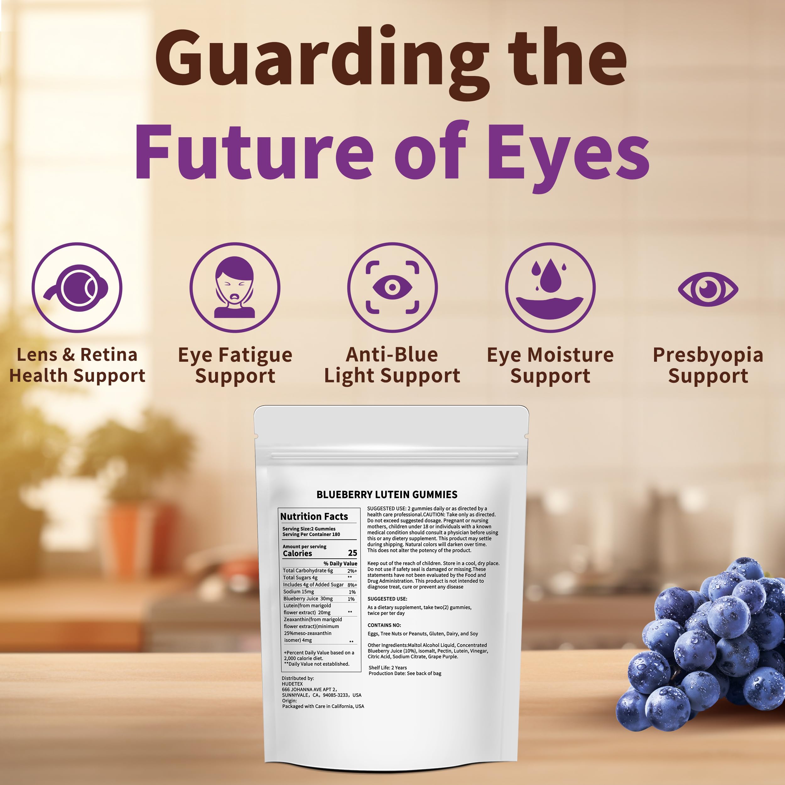 Close-up of Hudetex gummies with blueberry flavor for daily eye support.