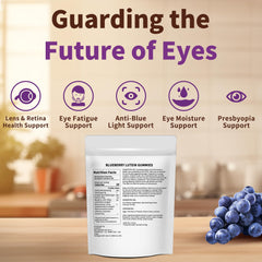 Close-up of Hudetex gummies with blueberry flavor for daily eye support.