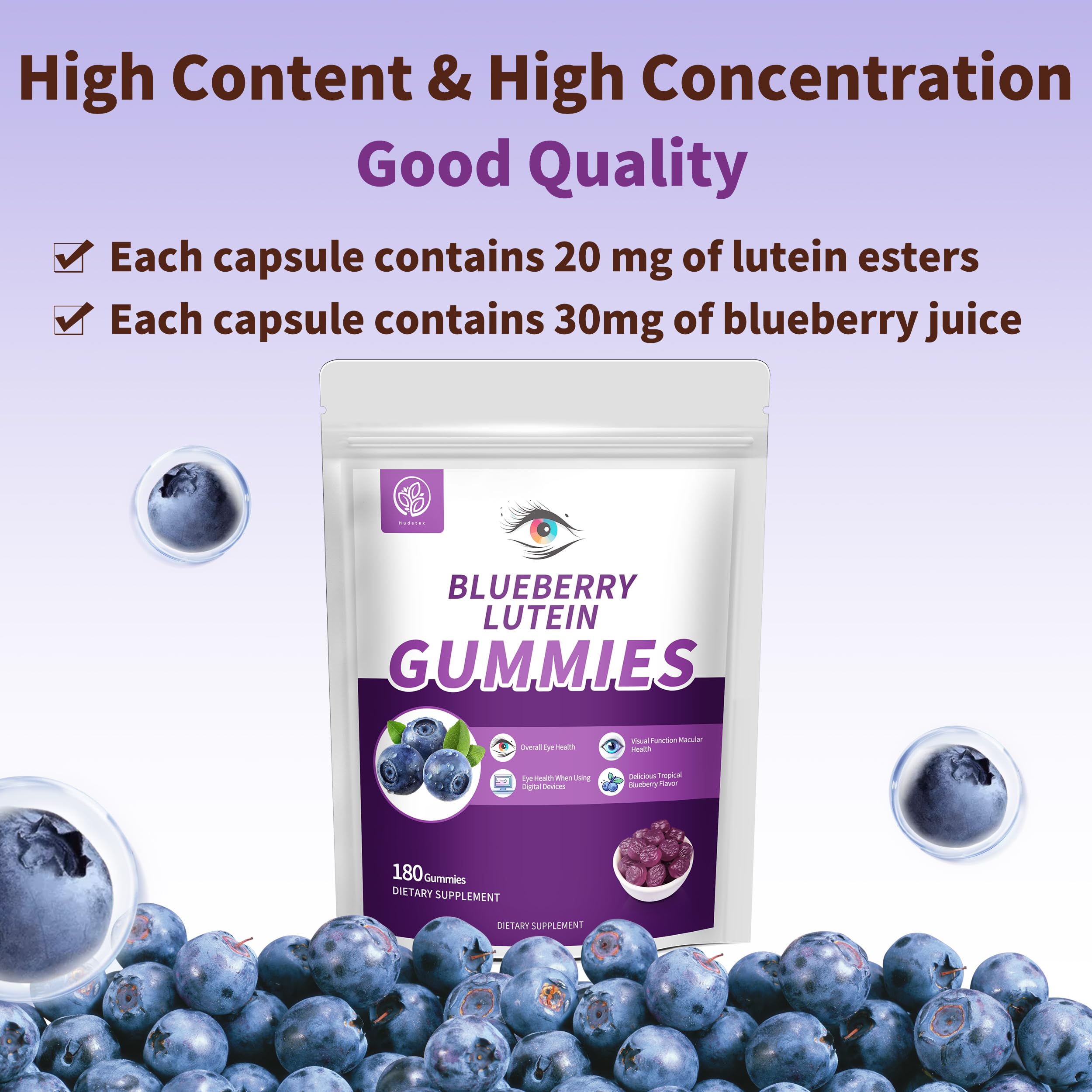 Hudetex gummies emphasize blueberry juice and lutein ingredients for eye health.