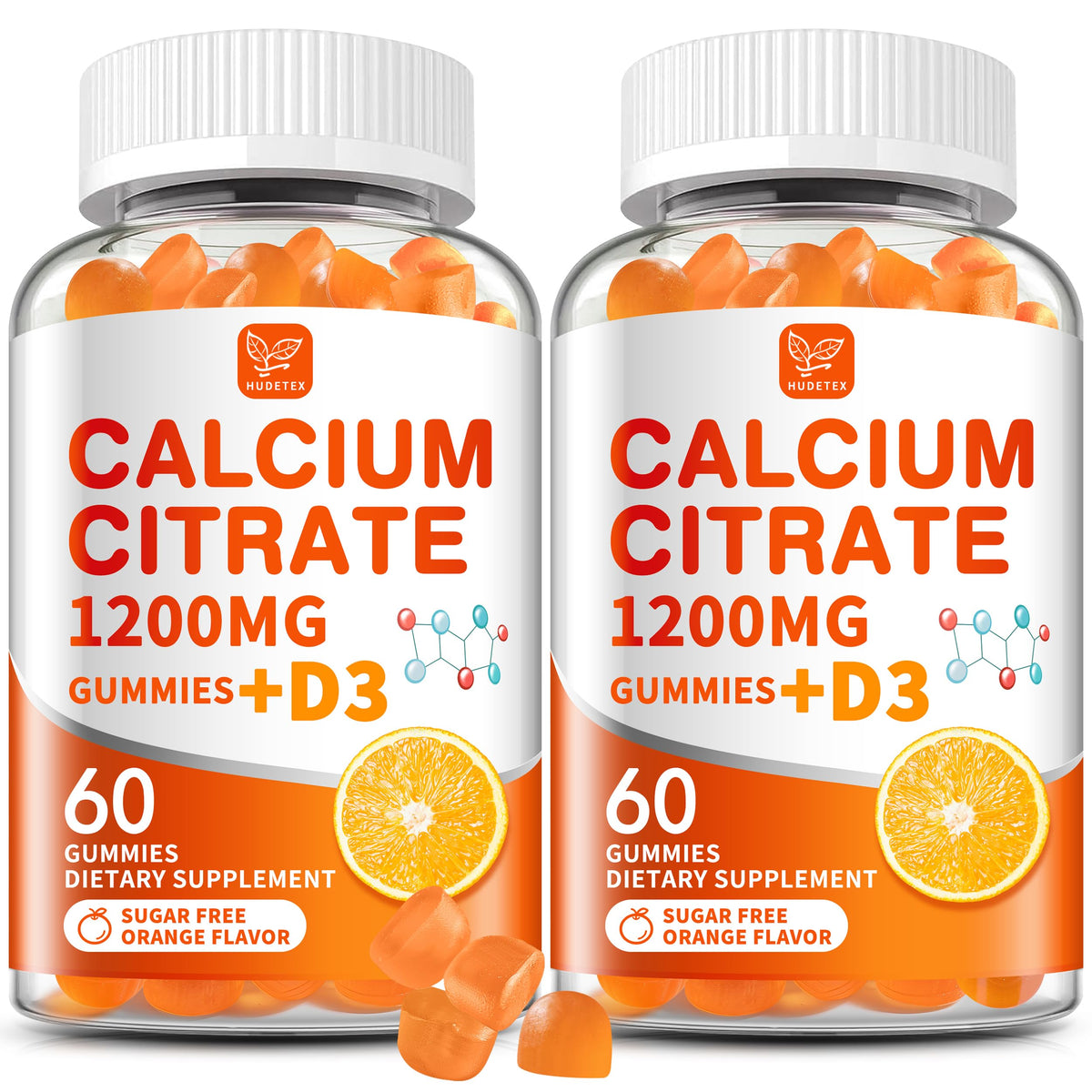 Hudetex Calcium Citrate D3 Gummies bottle front showing orange flavor for daily bone support.