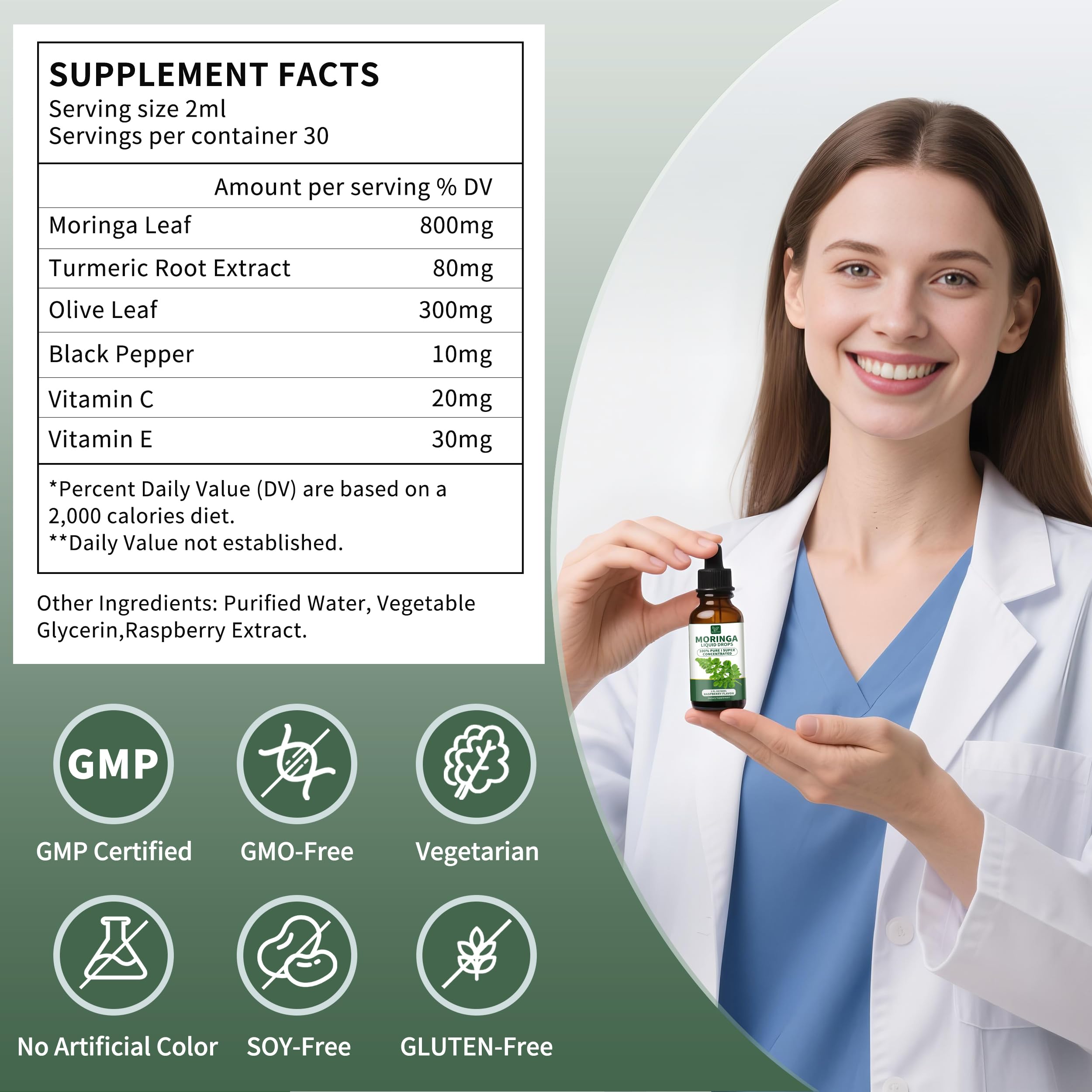 Hudetex Moringa drops mixed into water or smoothie for easy consumption.