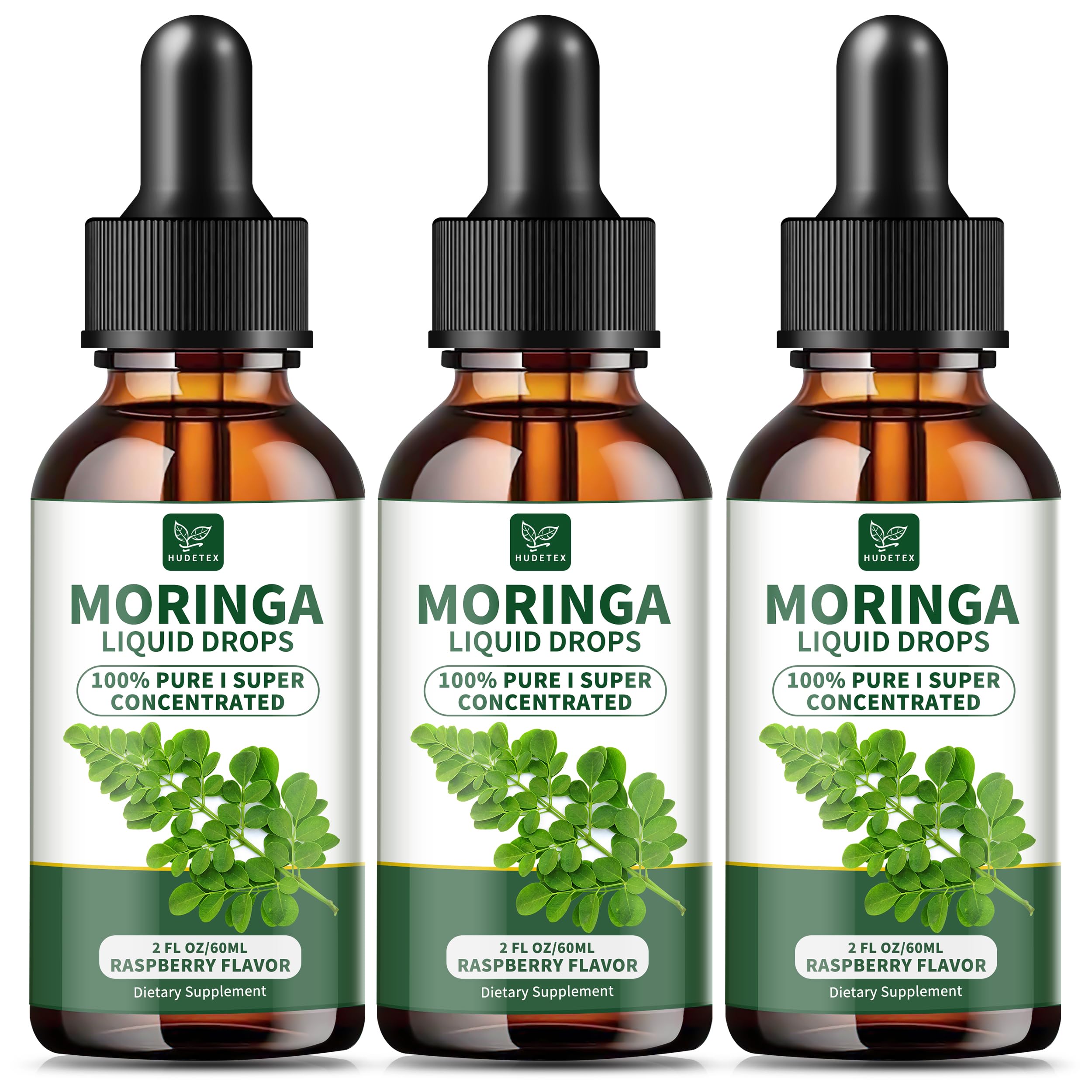 Hudetex Moringa Liquid Drops raspberry bottle on kitchen counter, supporting daily energy.