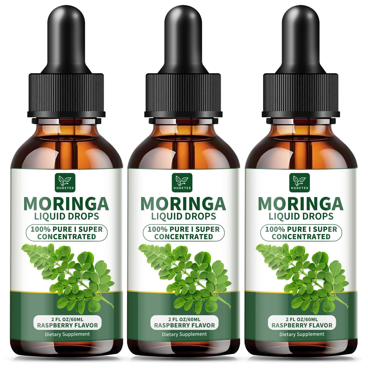 Hudetex Moringa Liquid Drops raspberry bottle on kitchen counter, supporting daily energy.