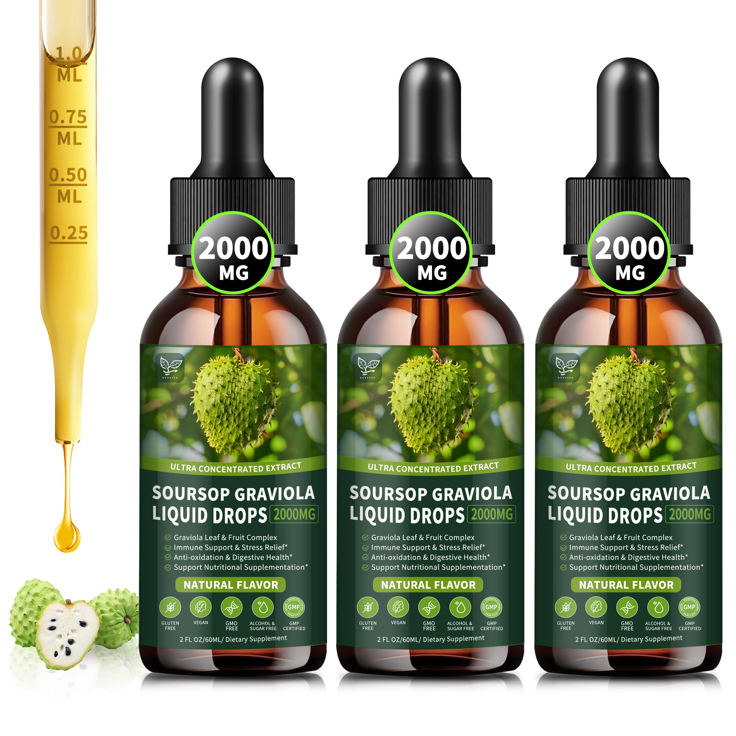 Hudetex Soursop Liquid Drops bottle with dropper for daily use