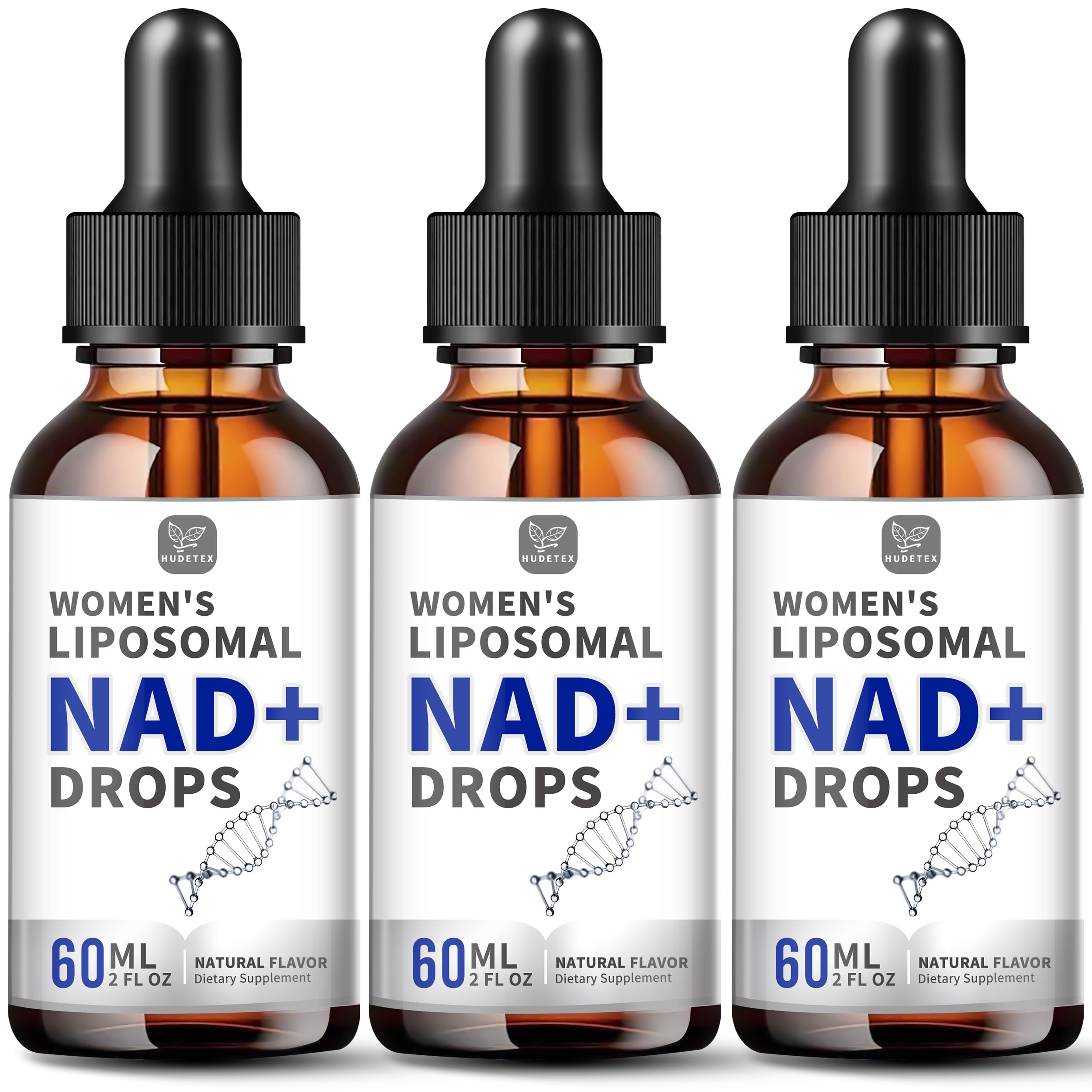 Hudetex women's NAD liquid bottle showing 500 mg liposomal NAD for daily energy support