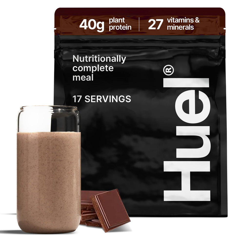 Huel Black Edition chocolate powder bottle highlighting vegan protein for meals