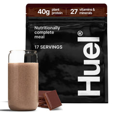 Huel Black Edition chocolate powder bottle highlighting vegan protein for meals