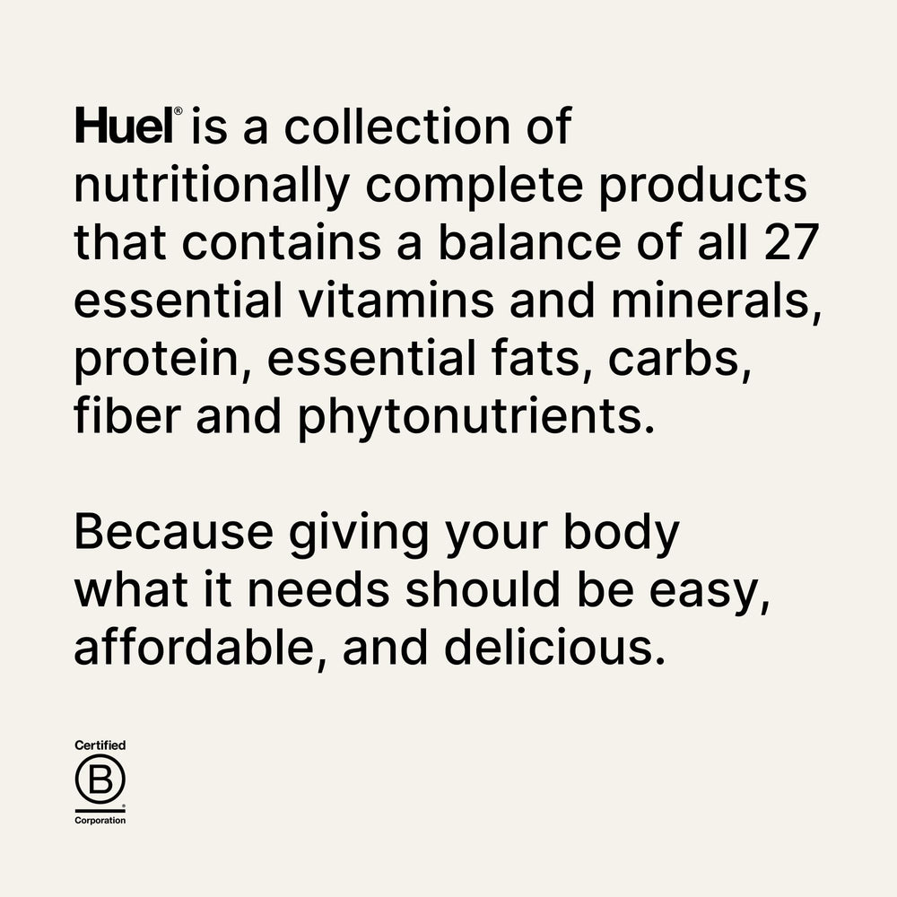 Huel Black Edition Cookies and Cream ingredients panel with 27 vitamins and minerals