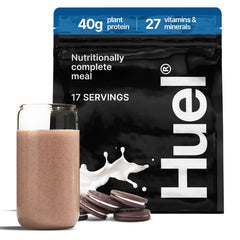 Huel Black Edition Cookies and Cream pack shot, a dairy-free plant-based meal option