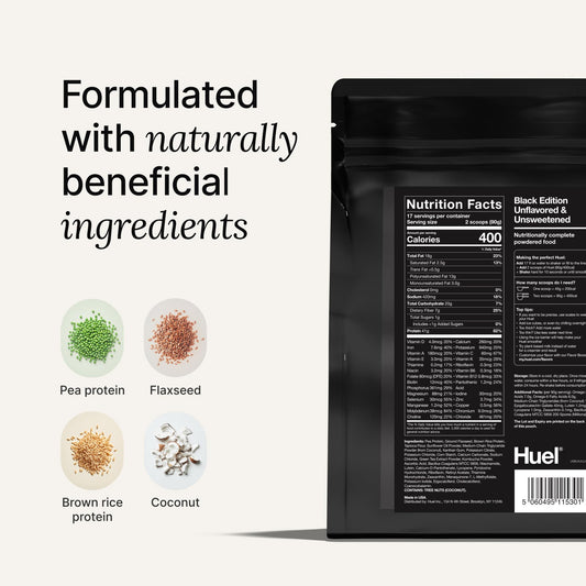 Huel Black Edition measuring scoop demonstrates convenient, precise serving for a protein-packed shake