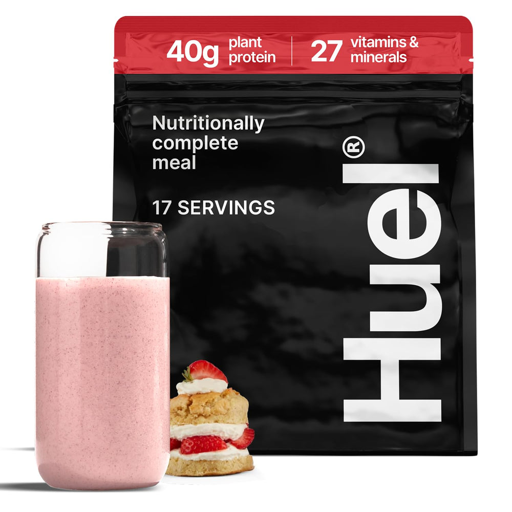 Huel Black Edition Strawberry Shortcake tub front, ideal for a quick balanced vegan meal