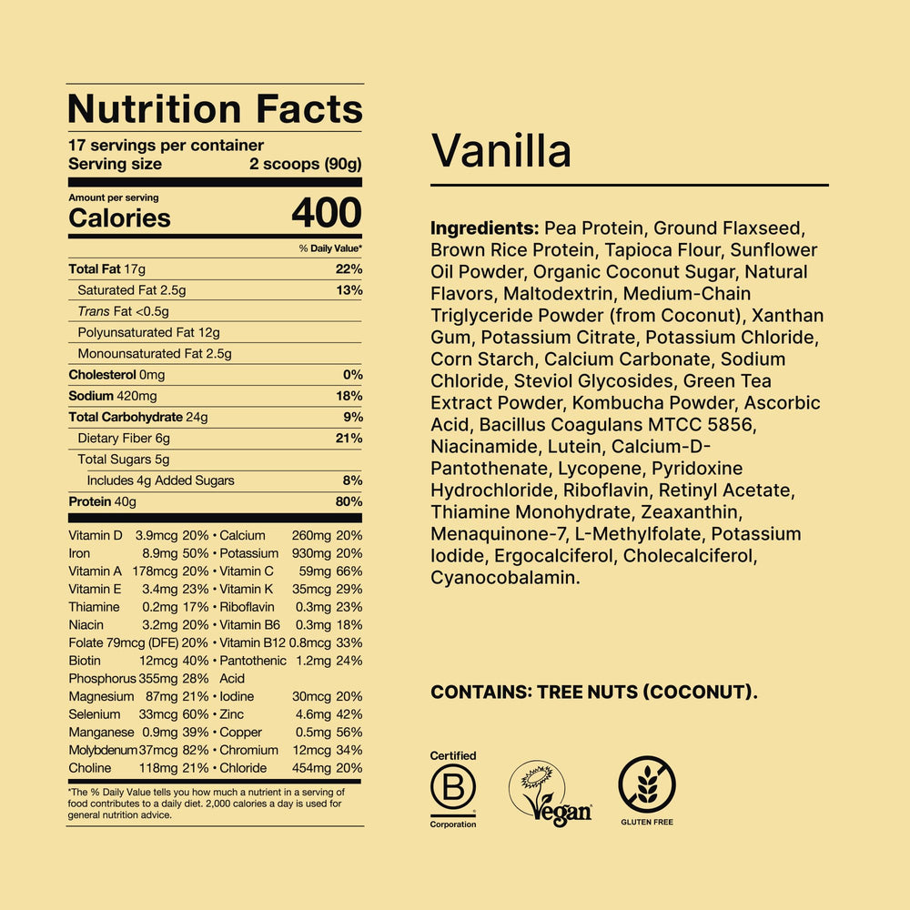 Spoon beside Huel Black Edition Vanilla ingredients and vitamins