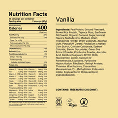 Spoon beside Huel Black Edition Vanilla ingredients and vitamins