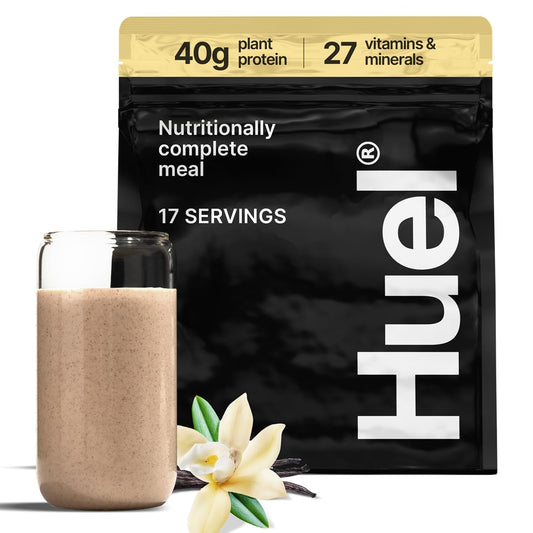 Huel Black Edition Vanilla tub front showing protein-packed plant-based meal replacement