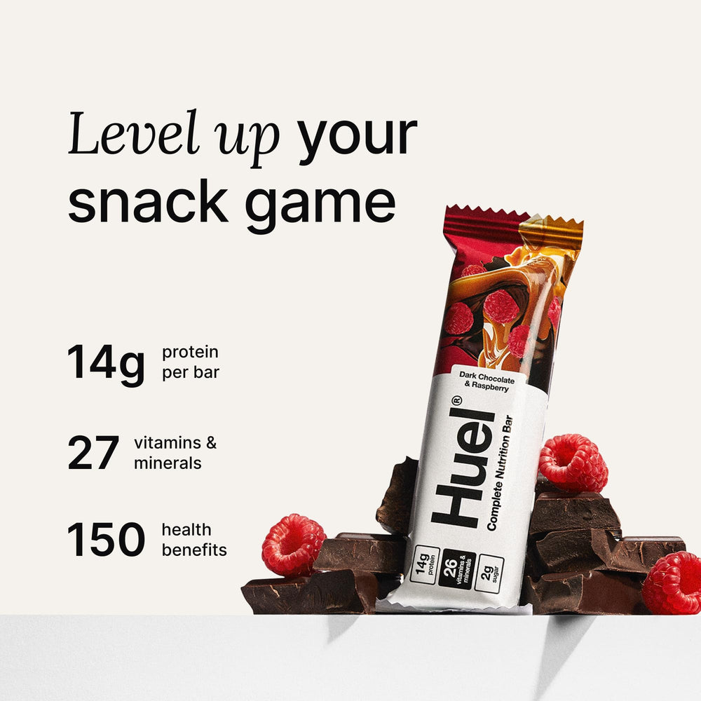 Huel bar cross-section showing caramel layer, high-protein snack detail.