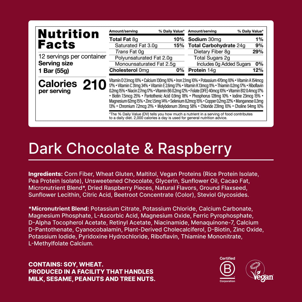 Huel bar packaging with dark chocolate raspberry flavor, convenient daily nutrition.