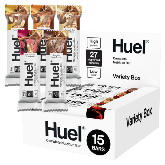 Huel Complete Nutrition Bar with vegan cocoa coating and caramel layer for a protein boost