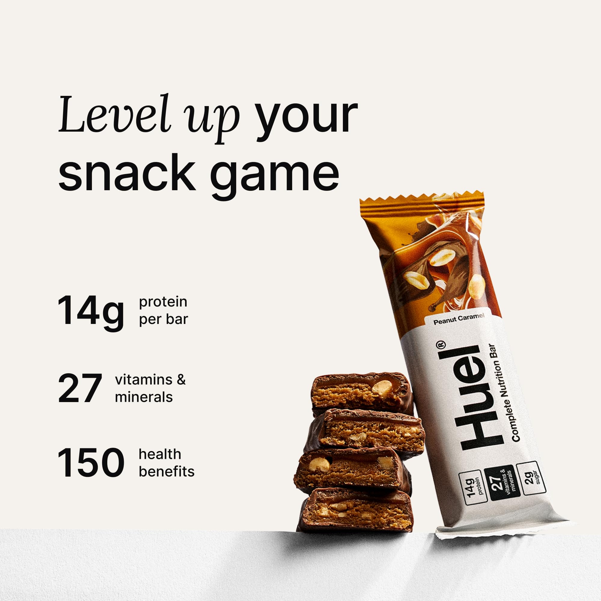 Huel peanut caramel coating close-up, showcasing smooth texture for a satisfying snack.