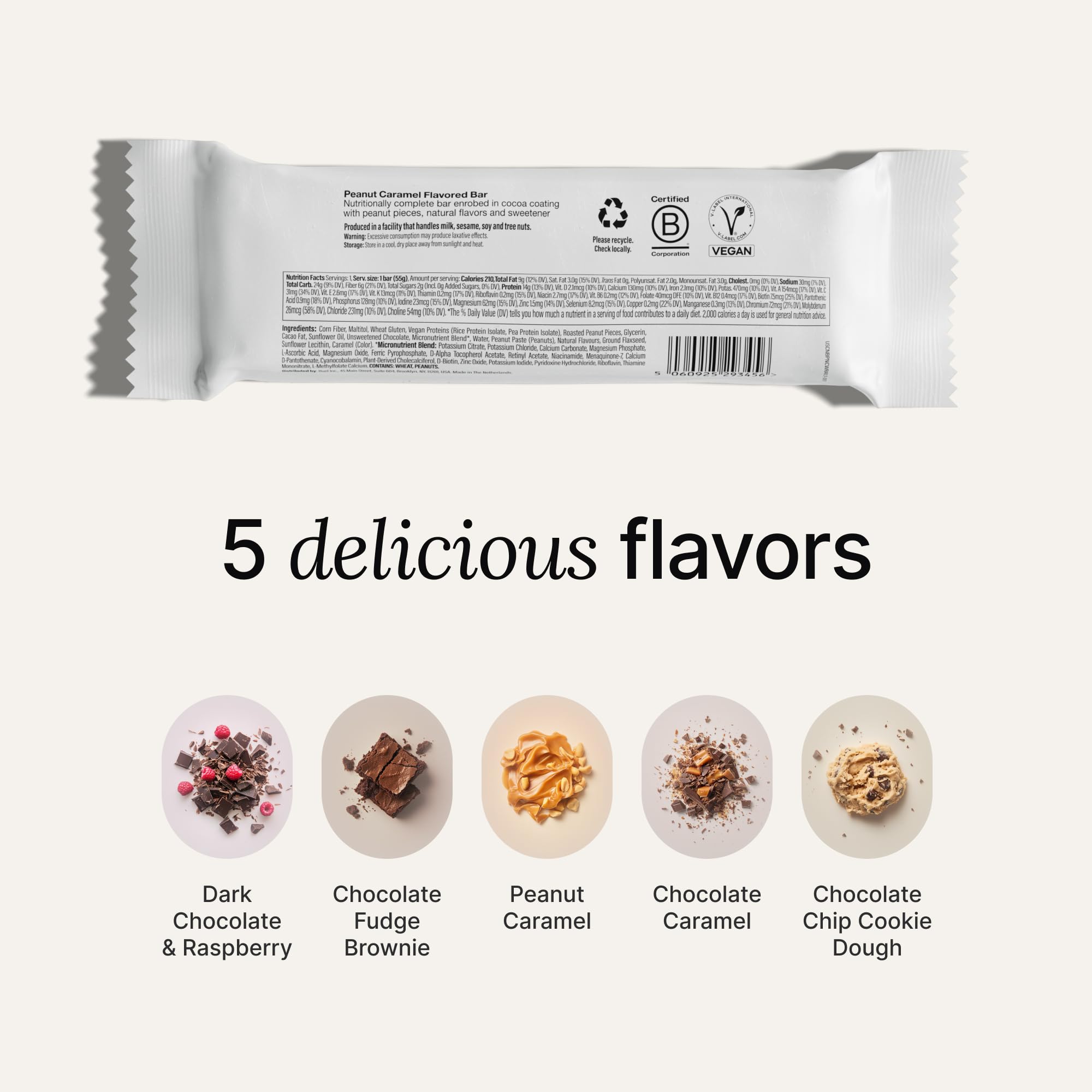 Huel Complete Nutrition bar ingredients illustration emphasizing plant-based nutrition.