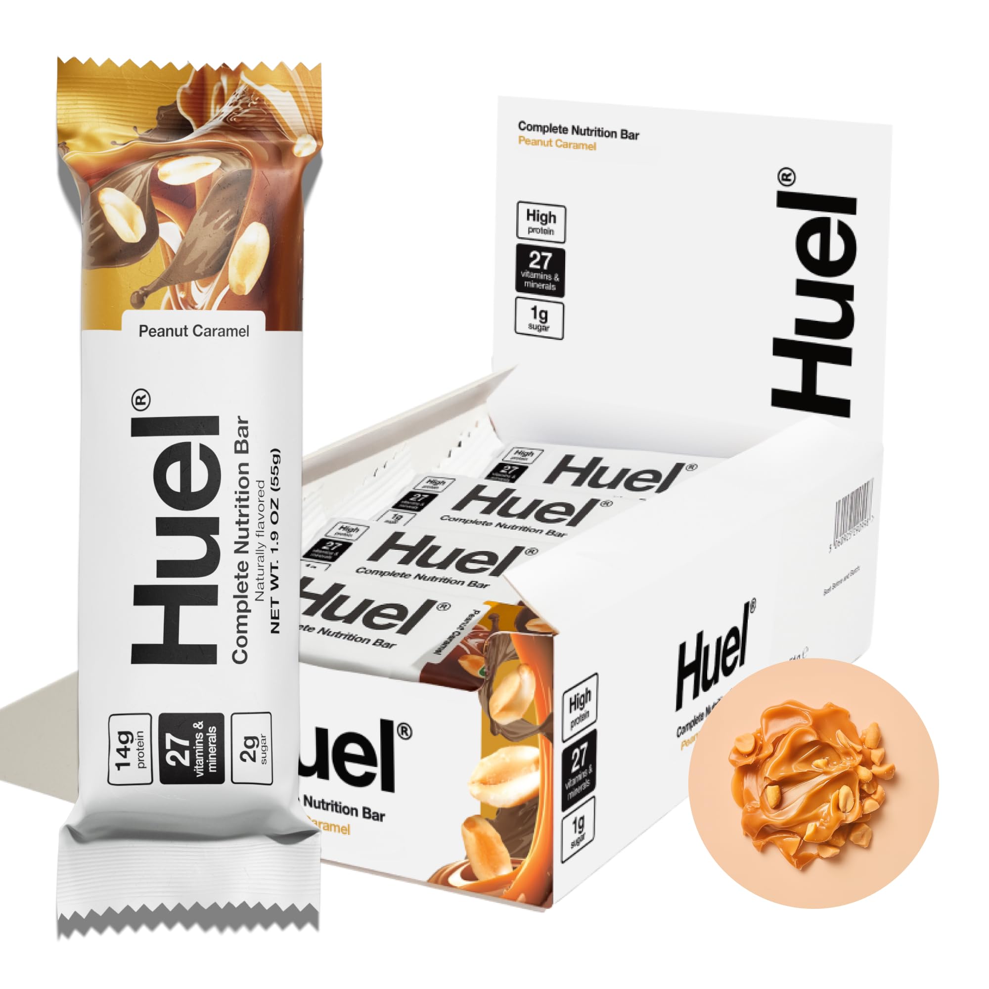 Huel Complete Nutrition Peanut Caramel bar pack, a convenient 12-pack for busy days.