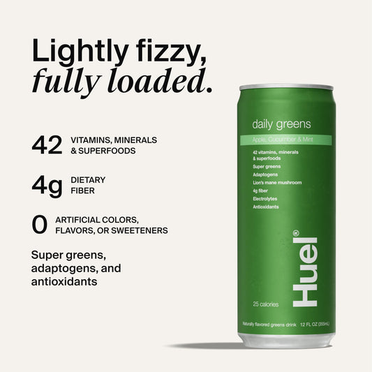 Pack of 12 Huel Daily Greens bottles for convenient on-the-go nutrition