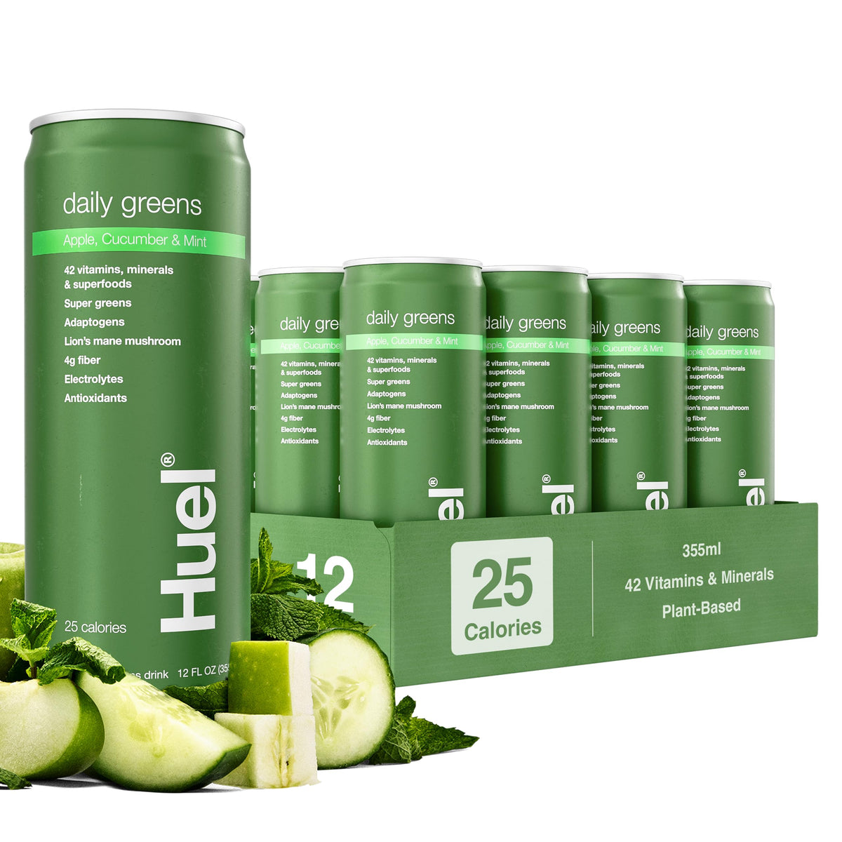 Huel Daily Greens bottle with apple cucumber mint flavor for a refreshing start