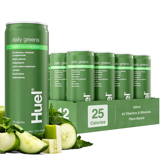 Huel Daily Greens bottle with apple cucumber mint flavor for a refreshing start
