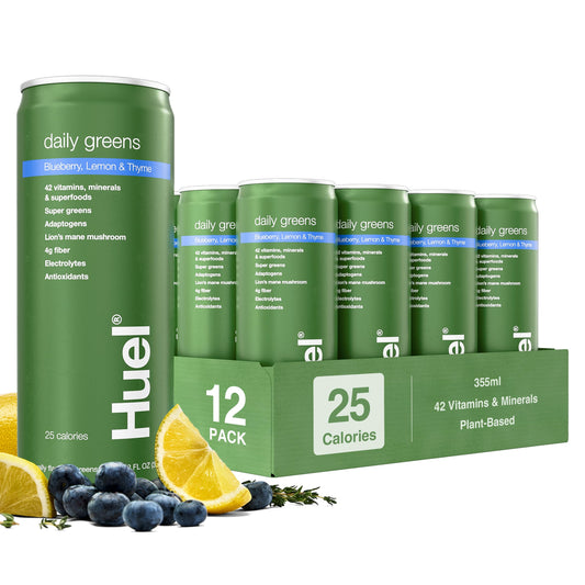Huel Daily Greens bottle highlights blueberry lemon thyme flavor for on-the-go nutrition