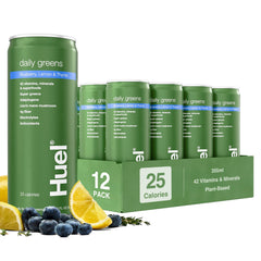 Huel Daily Greens bottle highlights blueberry lemon thyme flavor for on-the-go nutrition