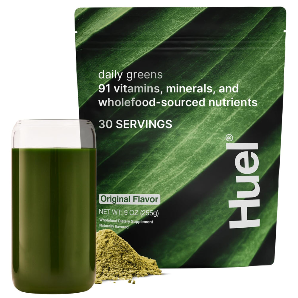 Huel Daily Greens bottle front view for daily nutrition on the go.