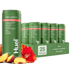 Huel Daily Greens bottle front view highlighting refreshing Peach Hibiscus flavor