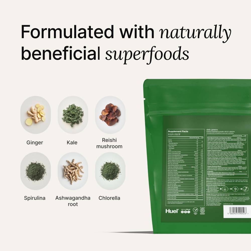 Huel Daily Greens blend jar highlighting five core blends
