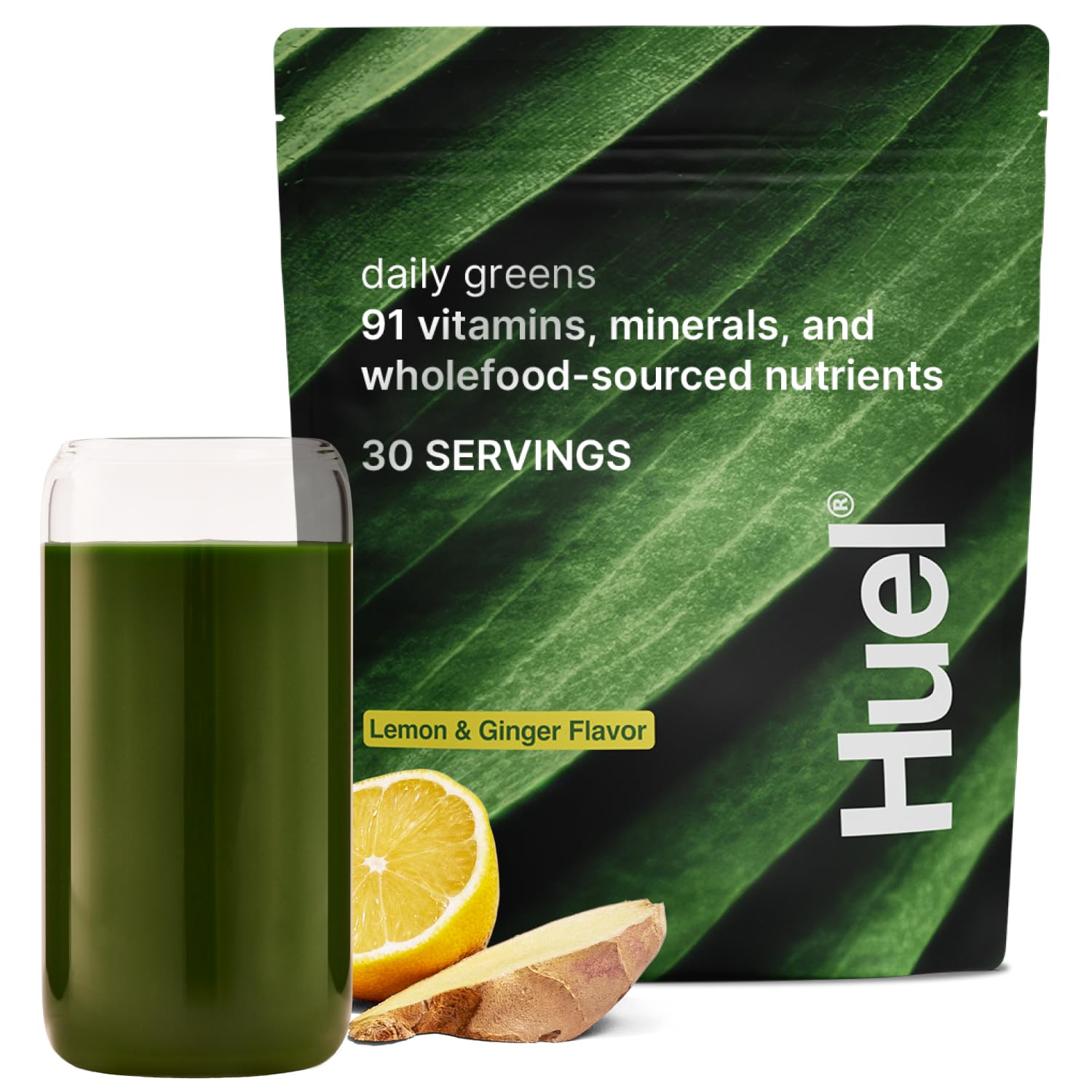 Huel Daily Greens Lemon & Ginger bottle showing vibrant greens and citrus energy