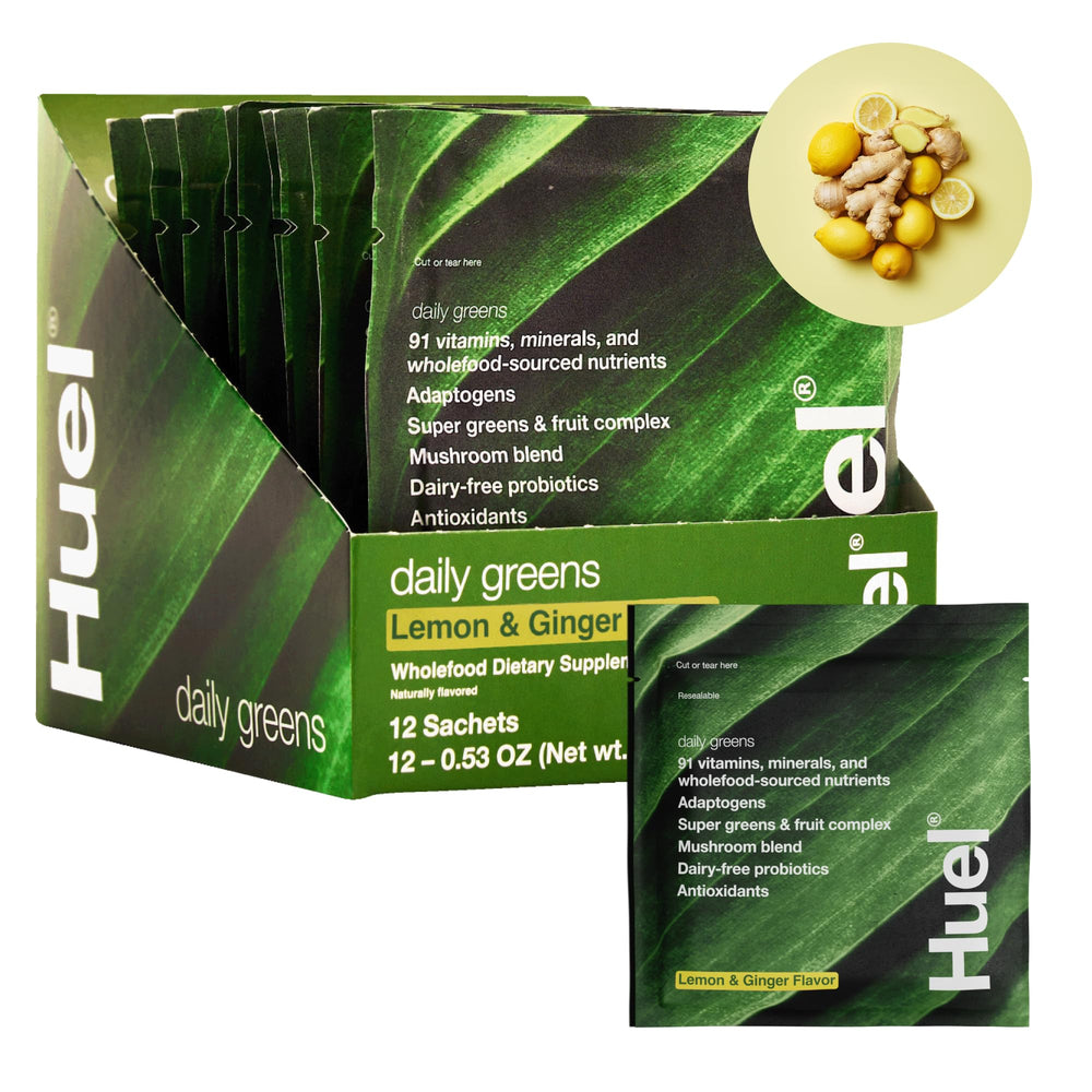 Huel Daily Greens lemon-ginger glass, a refreshing morning drink for daily energy