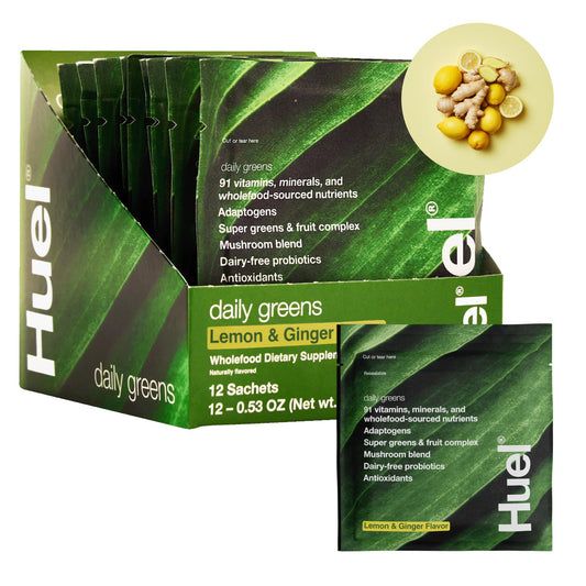 Huel Daily Greens lemon-ginger glass, a refreshing morning drink for daily energy