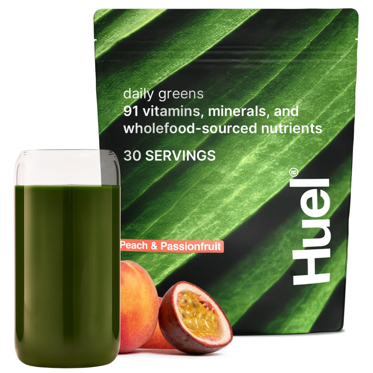 Huel Daily Greens Peach Passionfruit tub shows packaging and 91 nutrients for daily nutrition