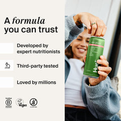 Huel Daily Greens bottle with probiotics and adaptogens concept